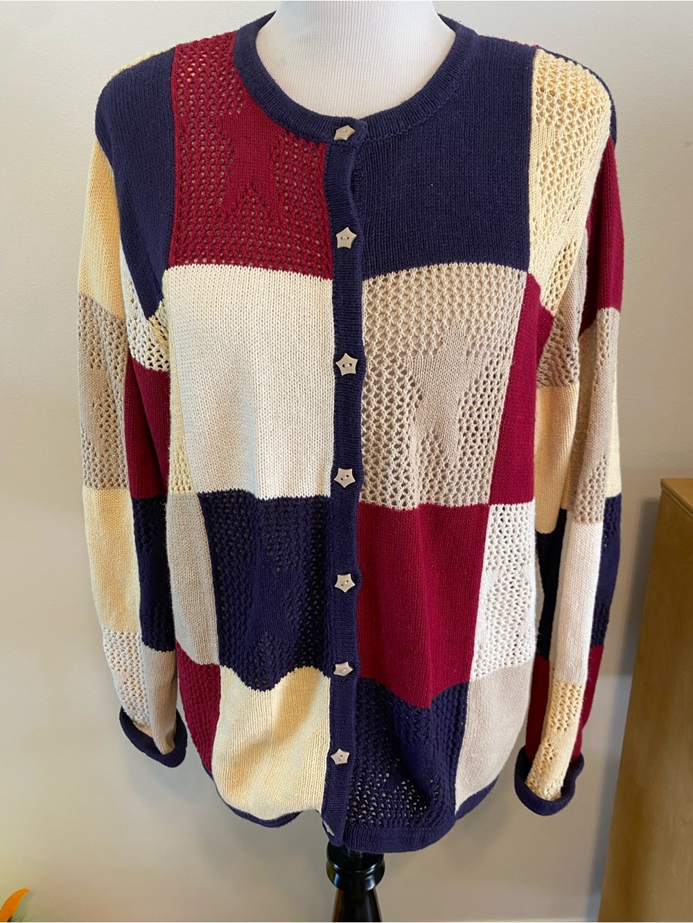 Christopher & Banks Patchwork Colorblock Cardigan in Navy, Burgundy, Cream
